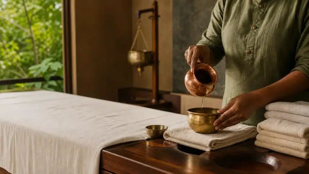 Abhyanga Massage: Benefits, Oils, Safety and What to Expect 1 Abhyanga massage oil being prepared in a traditional brass bowl at an Ayurveda retreat
