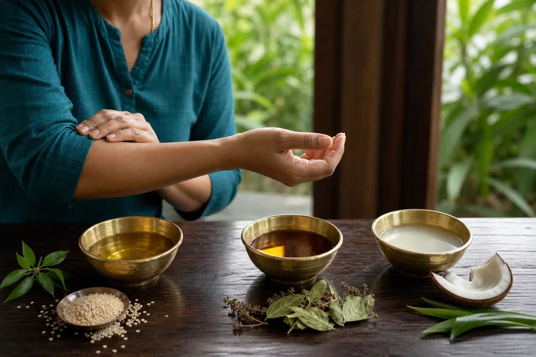 Practitioner comparing oils for a personalized Abhyanga massage