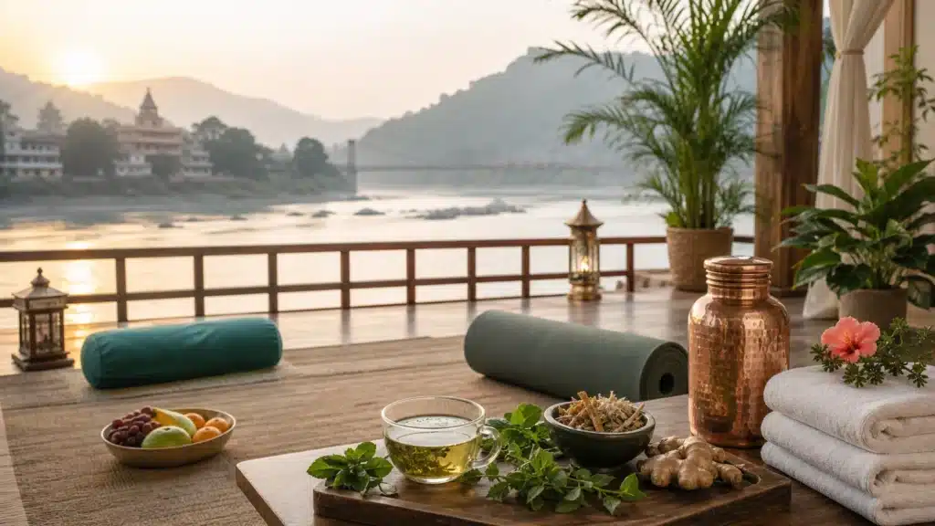 Ayurvedic Detox Retreat in Rishikesh: A Gentle Reset for Body, Digestion and Mind 1 Ayurvedic detox retreat in Rishikesh with herbs, yoga mat and Ganga view