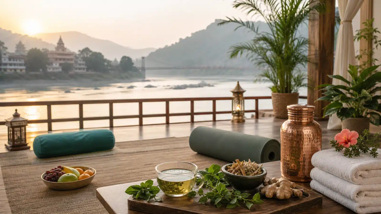 Ayurvedic detox retreat in Rishikesh with herbs, yoga mat and Ganga view