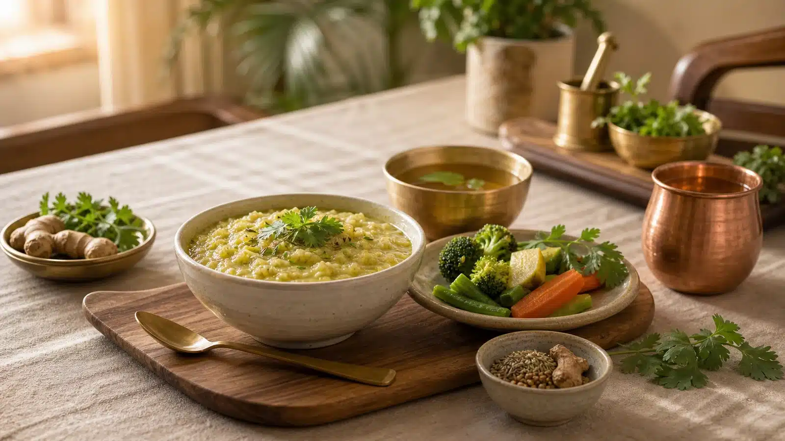 Ayurvedic detox diet with khichdi, vegetables, herbs and copper cup