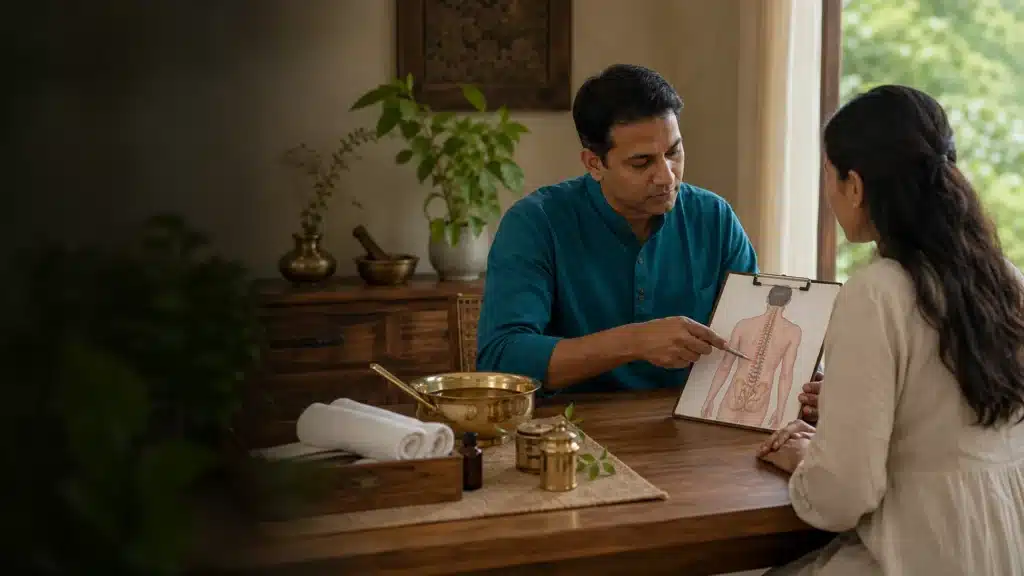 Kati Basti in Ayurveda: Benefits, Procedure, Safety and What to Expect 1 Ayurvedic practitioner explaining lower back care during a Kati Basti consultation
