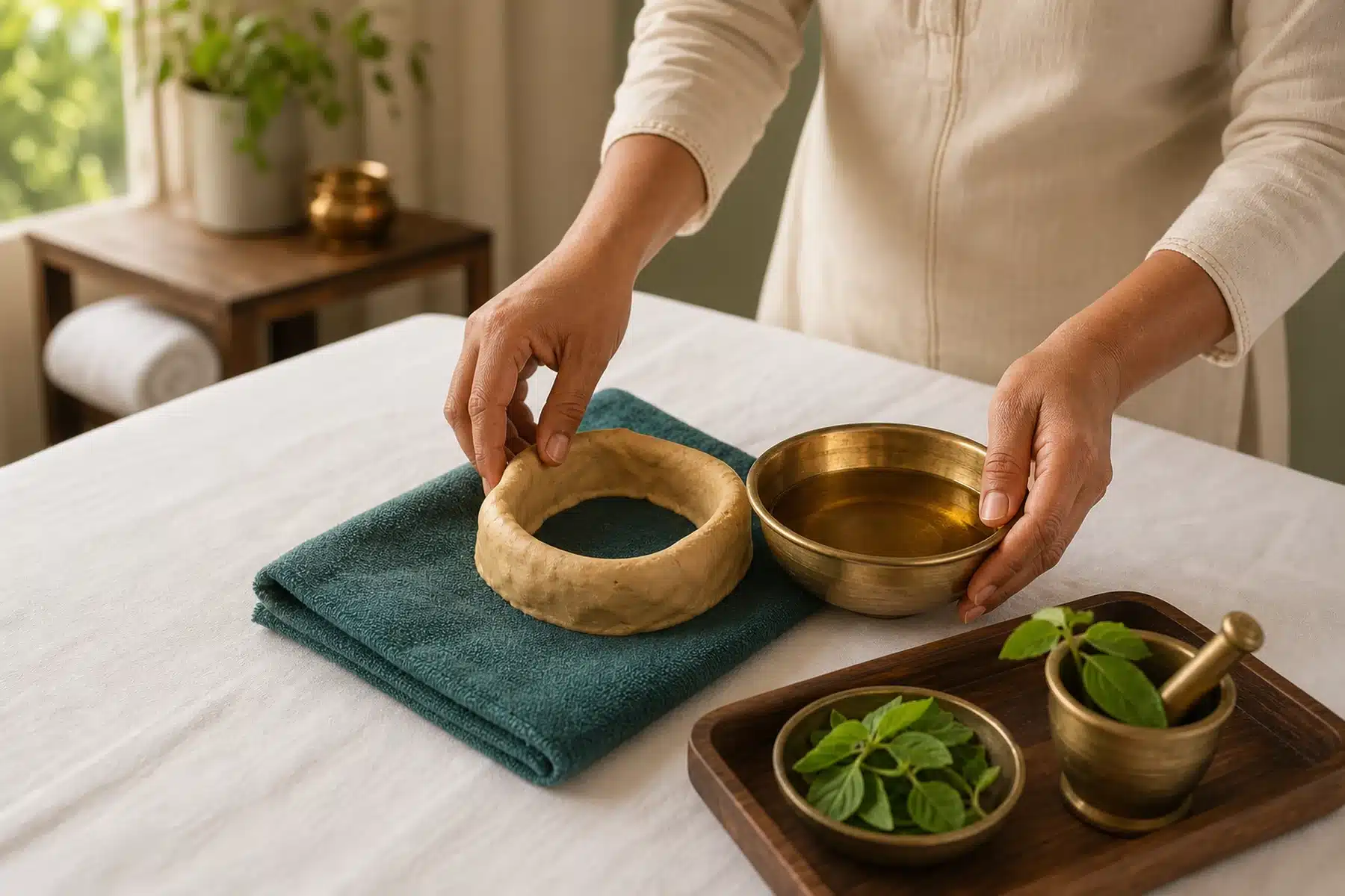 Kati Basti preparation with dough ring, brass bowl and warm herbal oil