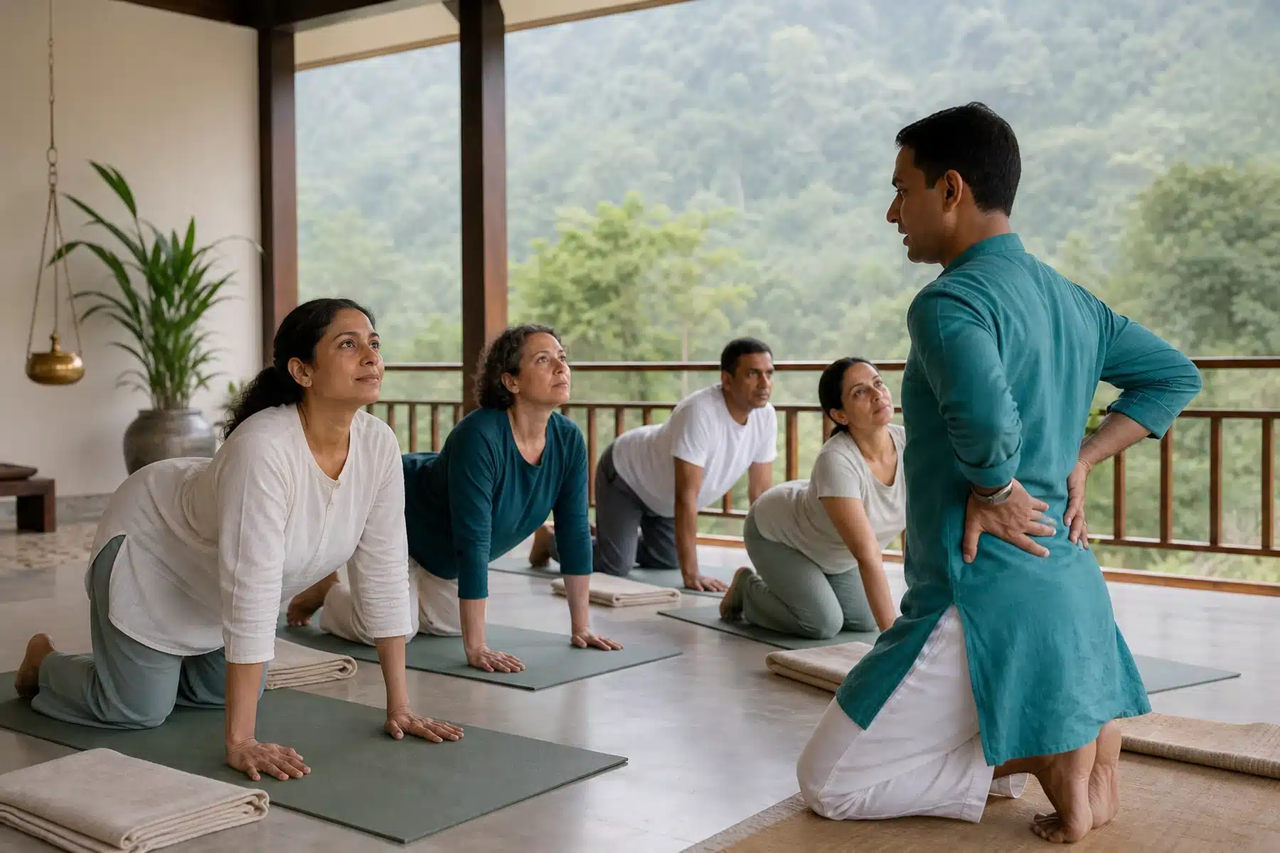 Gentle yoga therapy for lower back care during a wellness retreat in Rishikesh