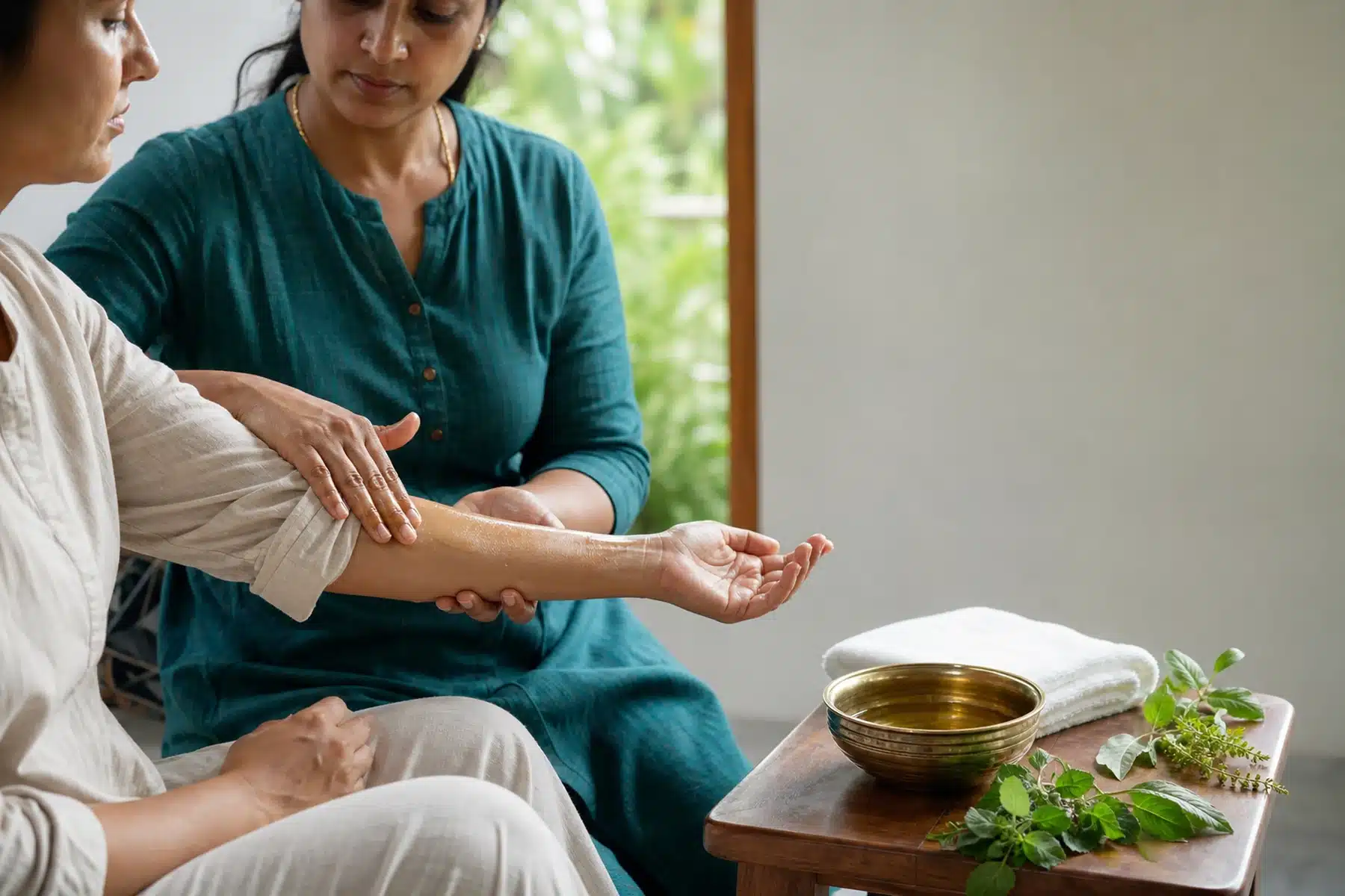 Professional Abhyanga massage oil application to a guest's forearm