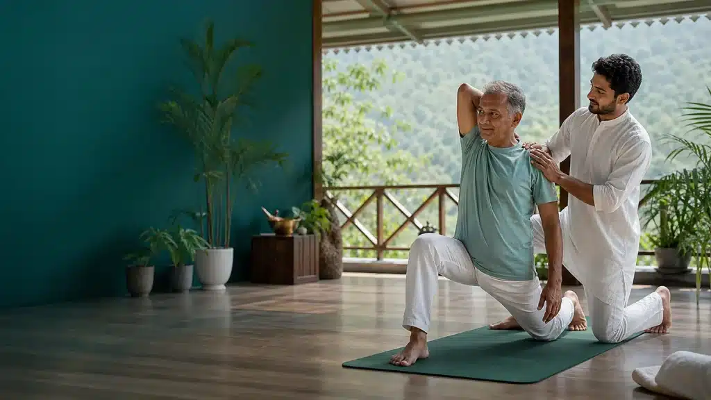 Ayurveda for Joint Stiffness: Therapies, Movement, Safety and Retreat Support 4 Older adult guest doing gentle joint mobility with practitioner support at an Ayurveda retreat