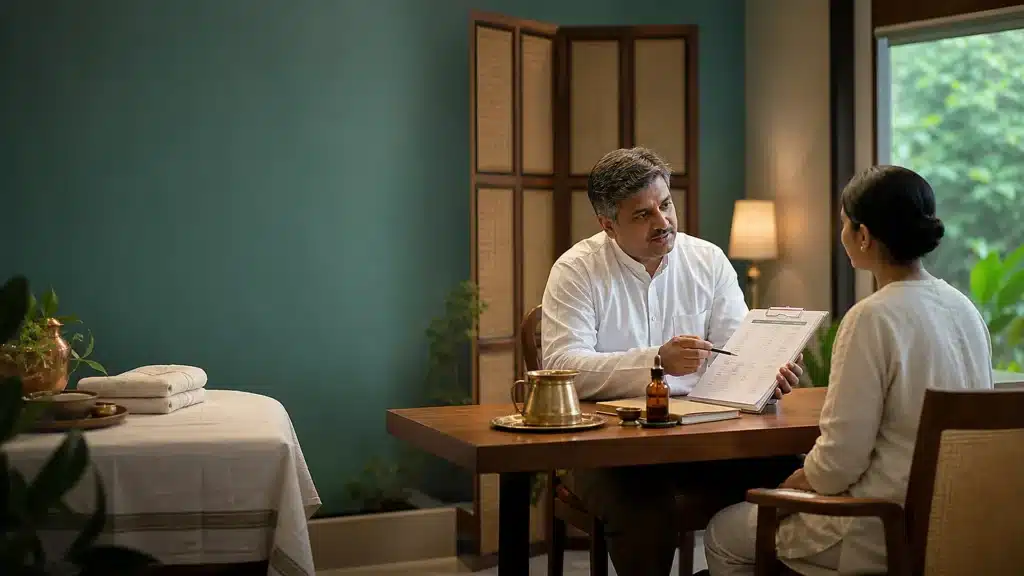 Basti Therapy in Ayurveda: What It Is, Benefits, Procedure and Safety 1 Ayurvedic doctor explaining Basti therapy during a private consultation