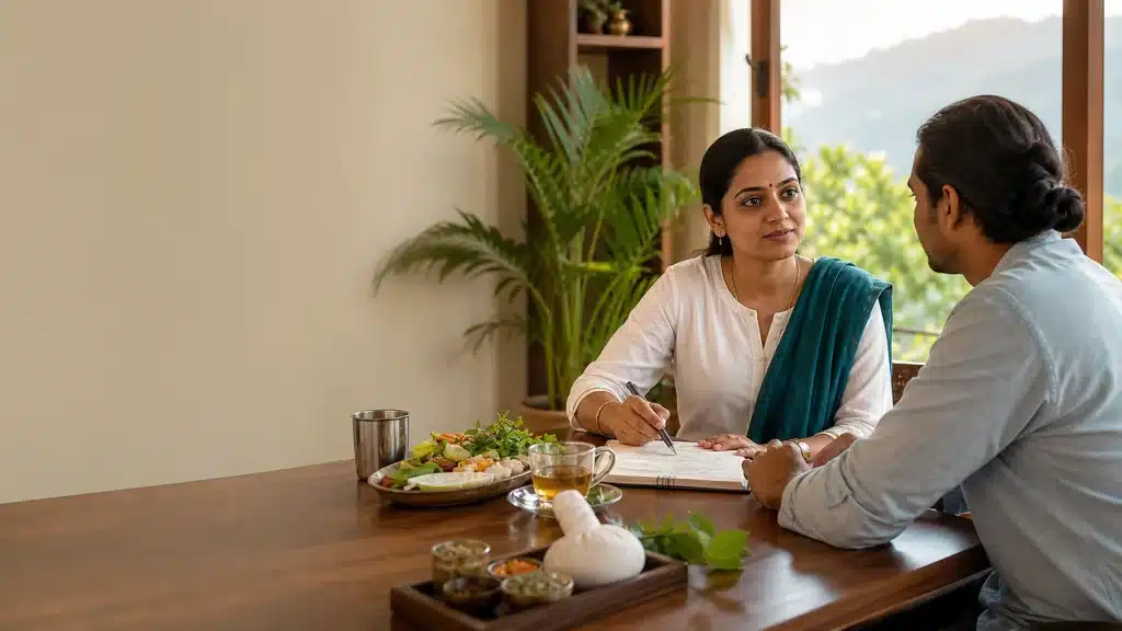 How to Prepare for Panchakarma: Diet, Routine, Safety and Mindset 1 Ayurvedic practitioner explaining Panchakarma preparation to a guest at a retreat