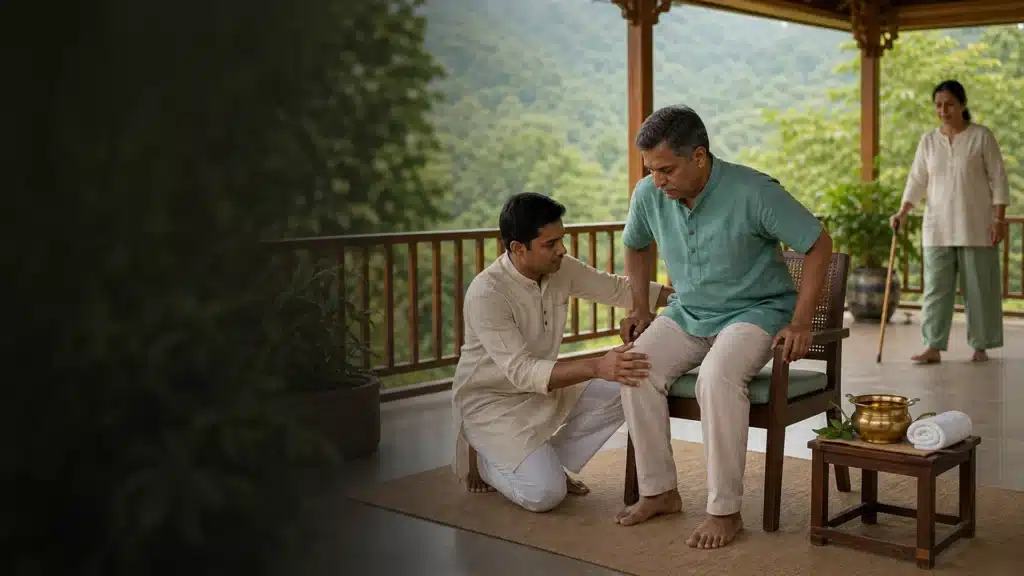 Janu Basti in Ayurveda: Knee Benefits, Procedure, Safety and What to Expect 1 Ayurvedic practitioner explaining knee care during a Janu Basti consultation