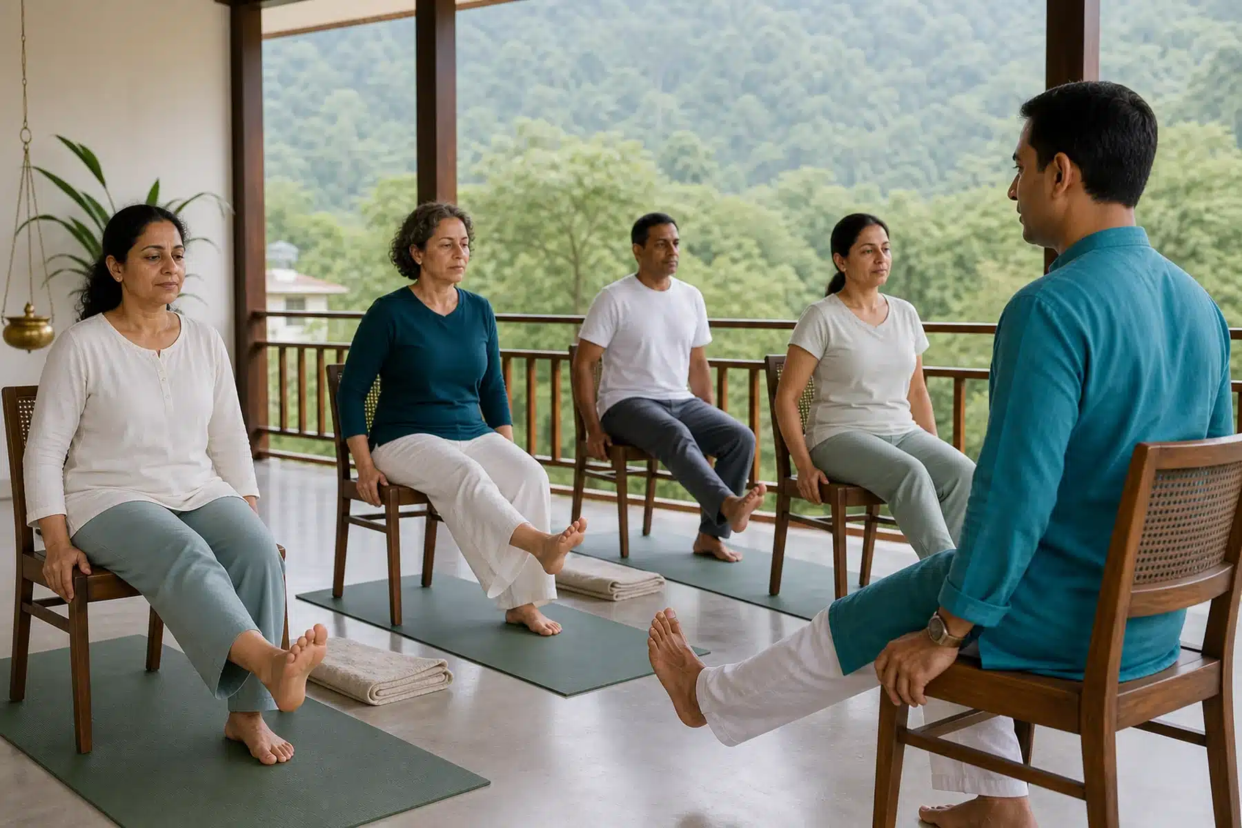 Chair-based knee-friendly yoga therapy during a wellness retreat in Rishikesh