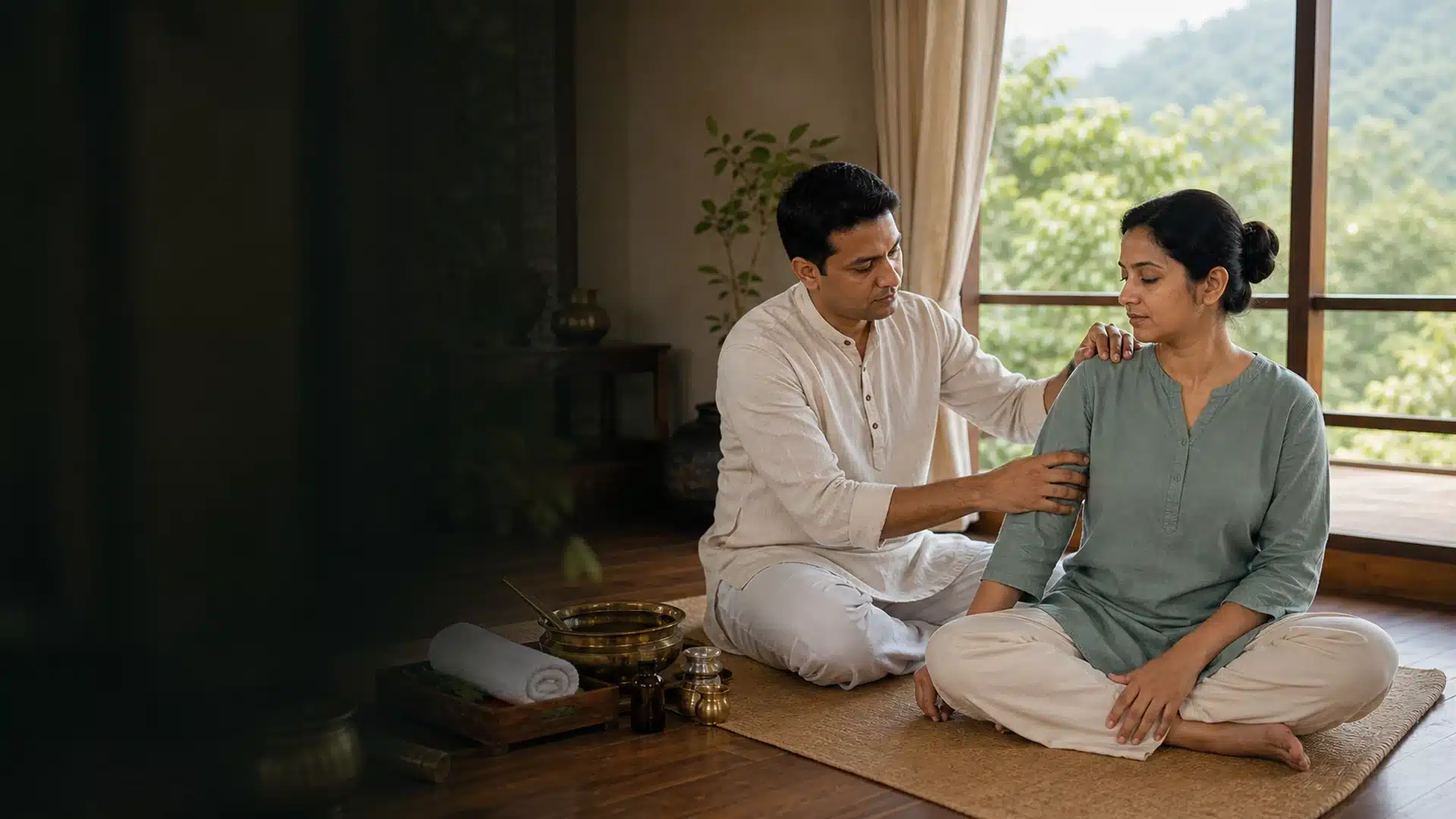 Ayurvedic practitioner demonstrating gentle Marma therapy on the shoulder