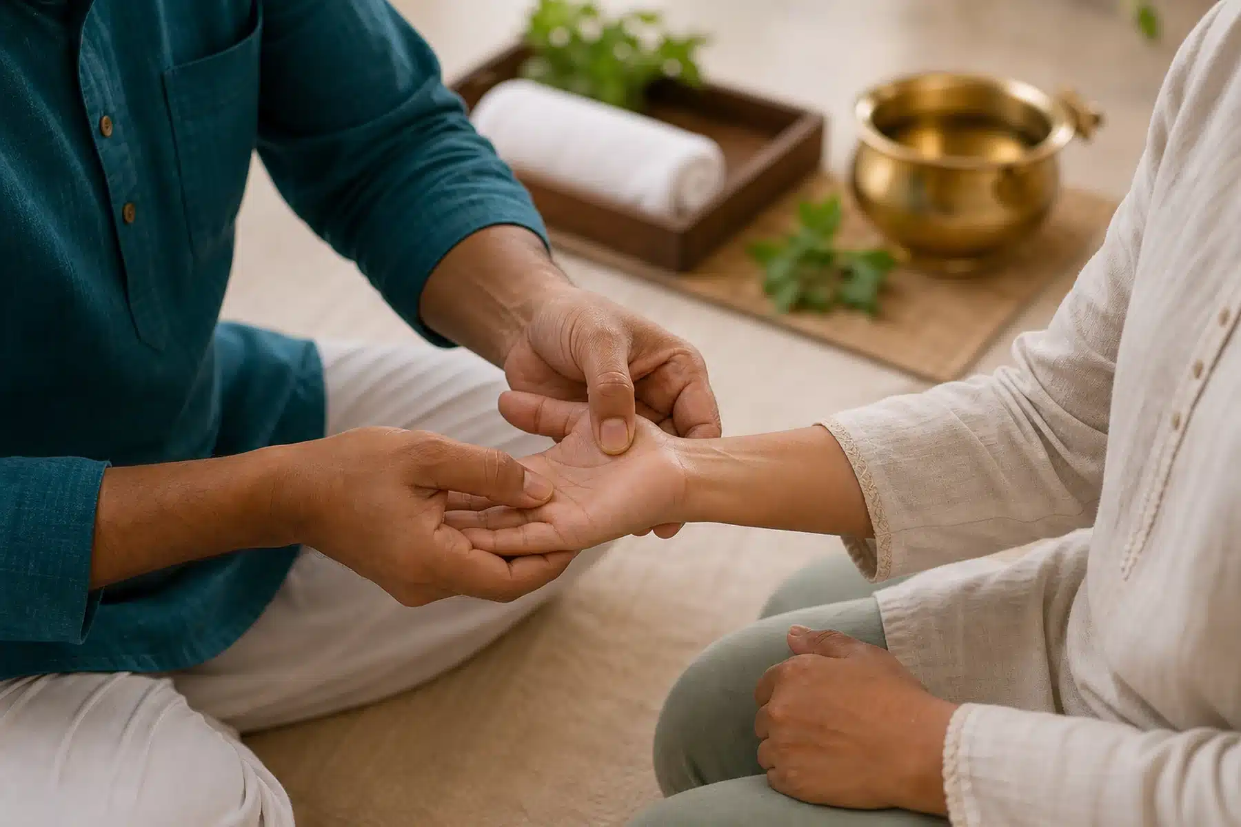 Close-up of gentle Marma therapy pressure on the palm and wrist