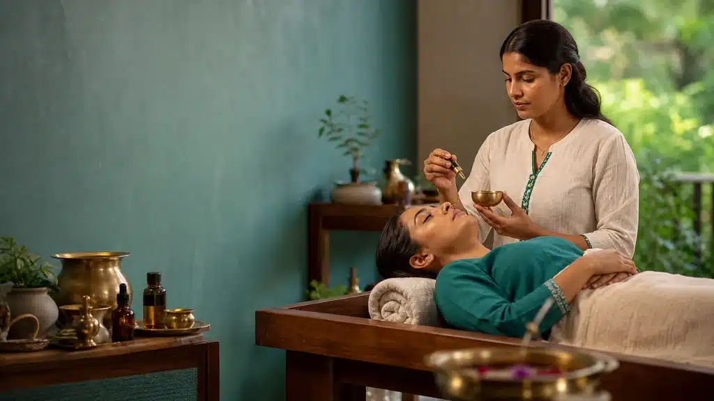 Nasya Therapy in Ayurveda: Benefits, Procedure, Safety and Who Should Avoid It 1 Ayurvedic practitioner preparing Nasya therapy in a calm treatment room