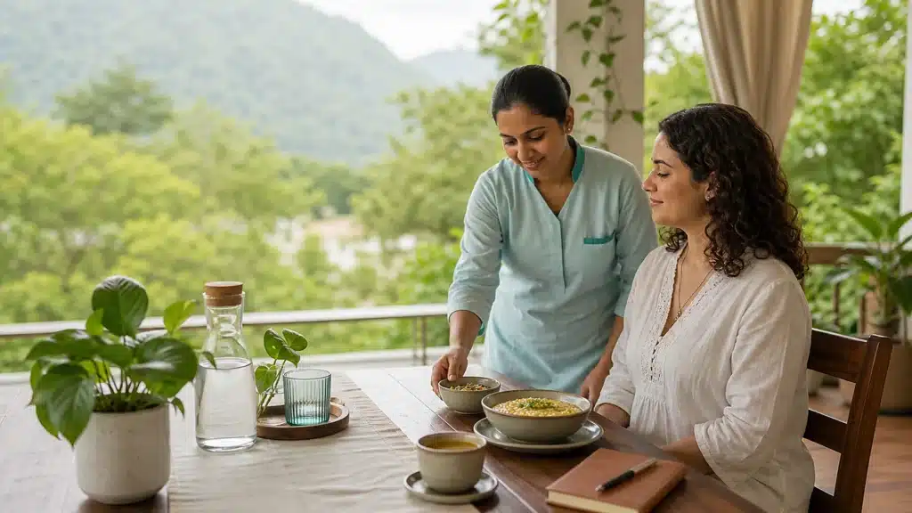 Panchakarma Aftercare: Diet, Routine and What to Avoid After a Retreat 1 Guest eating a simple warm meal during Panchakarma aftercare at an Ayurveda retreat