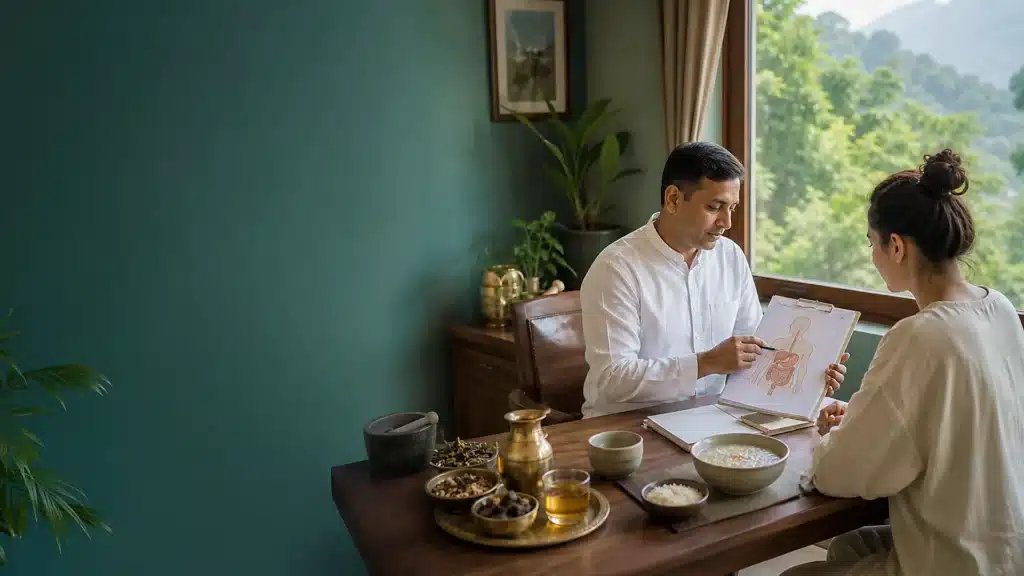 Virechana Therapy in Panchakarma: Procedure, Benefits, Safety and Aftercare 2 Ayurvedic practitioner explaining Virechana therapy in a consultation room